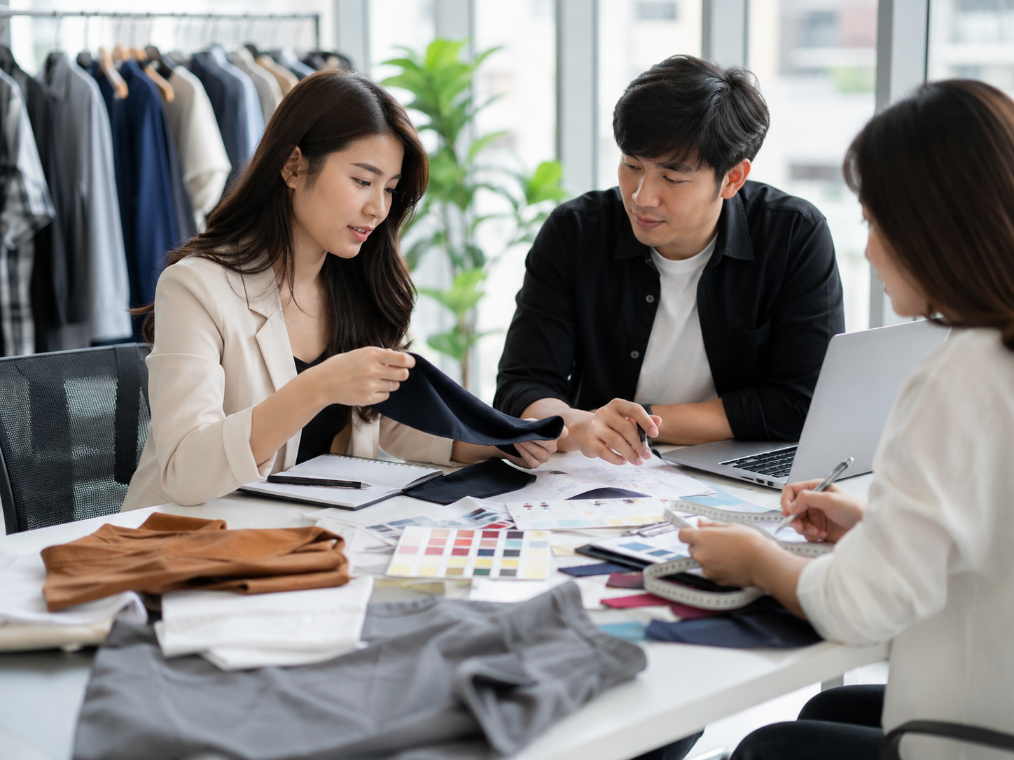 Apparel fabric review meeting checking swatches size details and sourcing notes