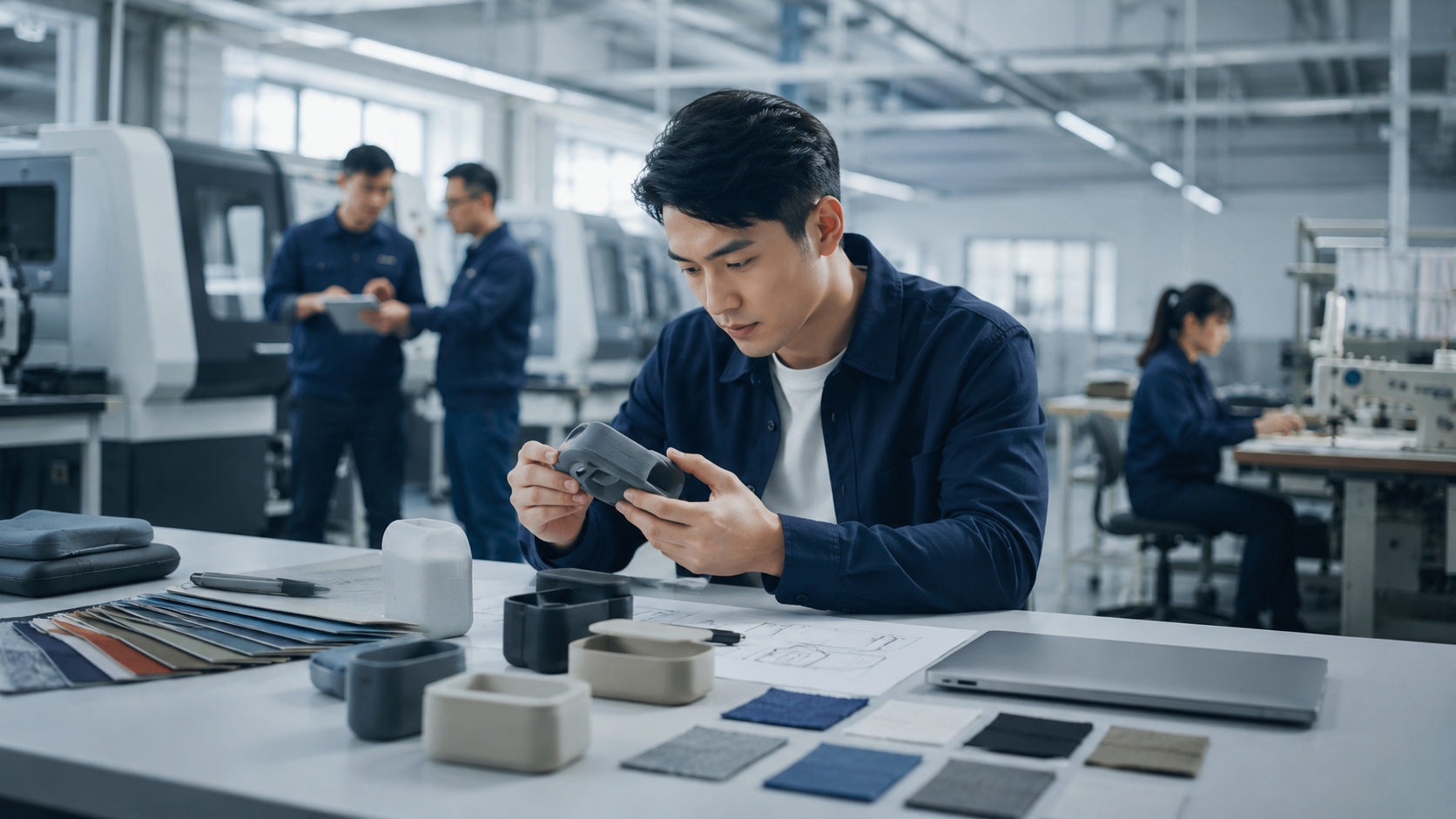 Designer checking reference images and specification notes for custom sample revision