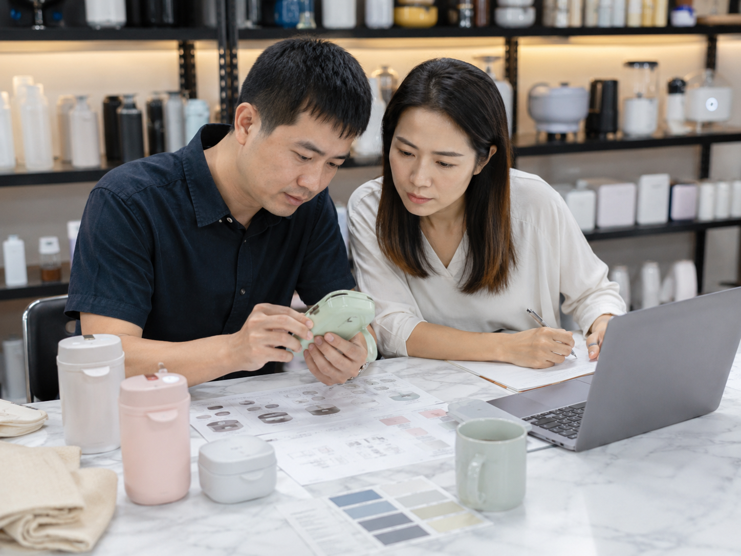 Product design confirmation meeting reviewing a sample before mass production