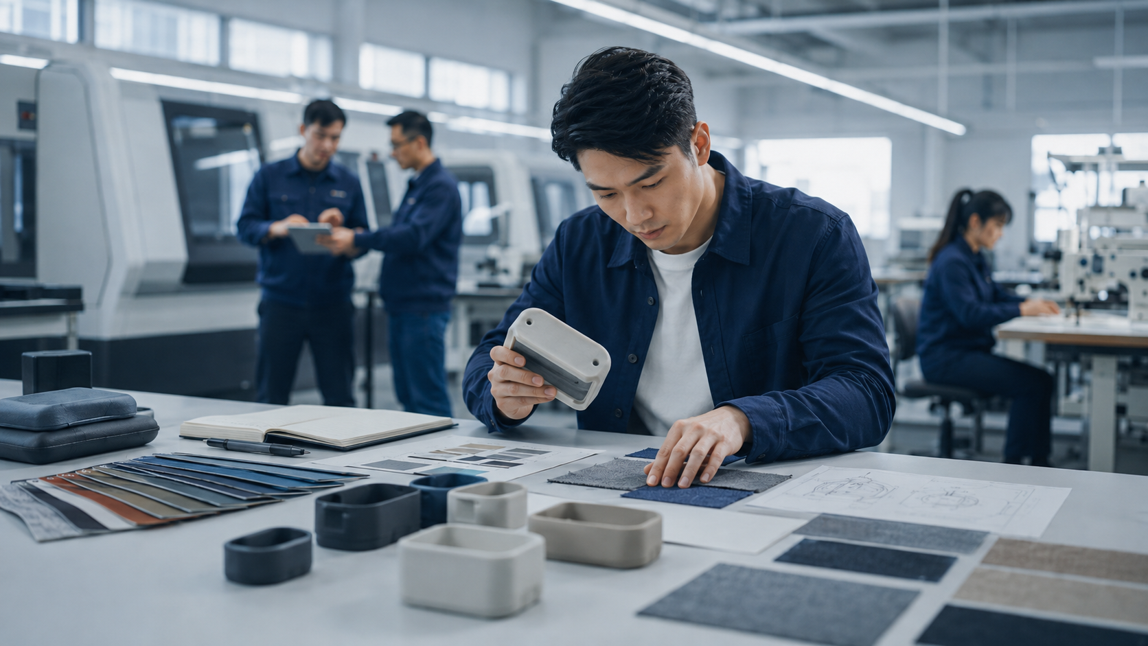 Industrial design studio reviewing custom product specifications for China production support
