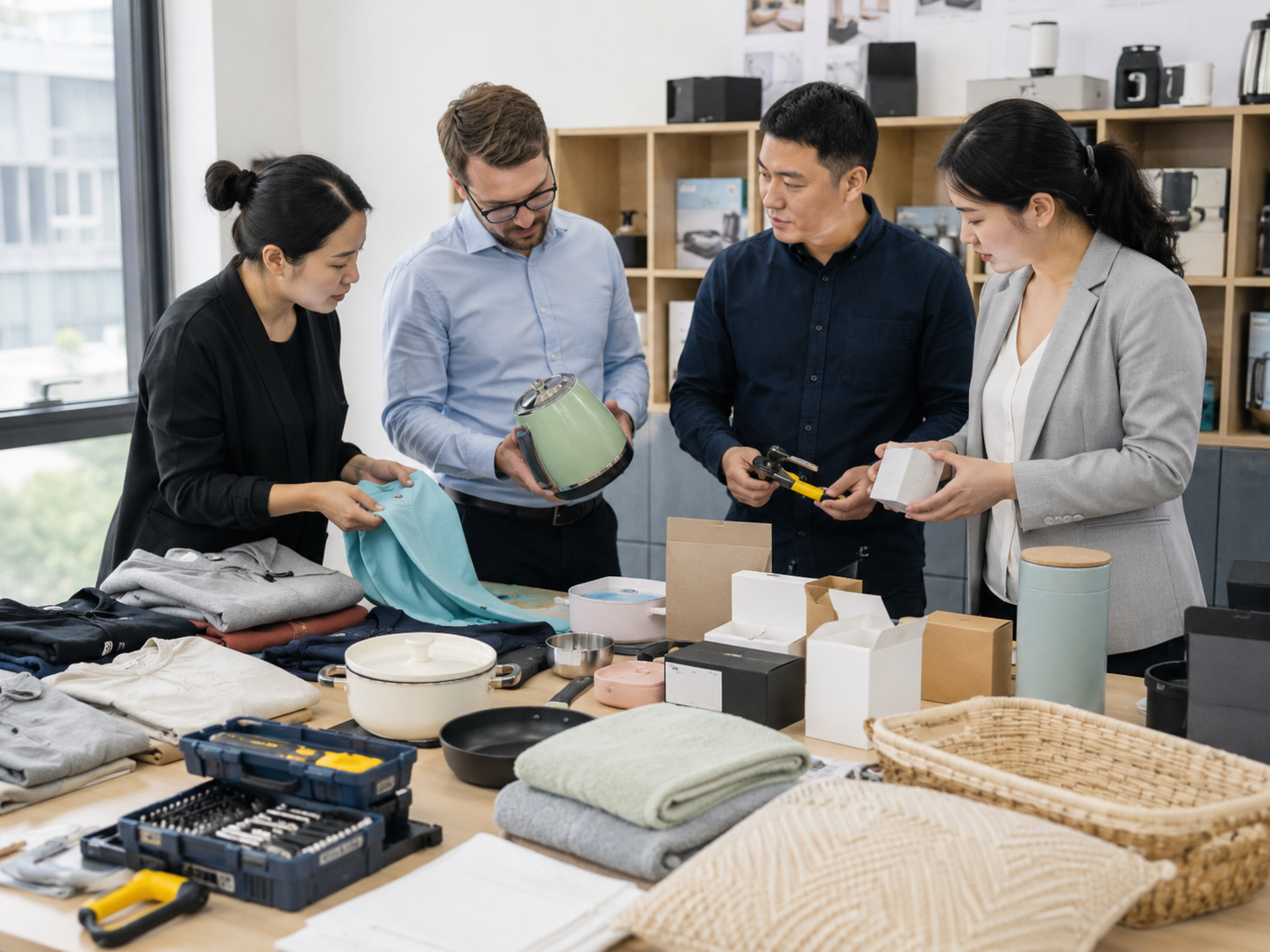 Multi-category sourcing review board organizing different product types from China