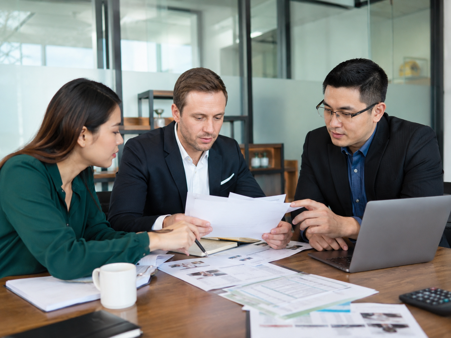Business meeting reviewing supplier screening notes and quotations in China