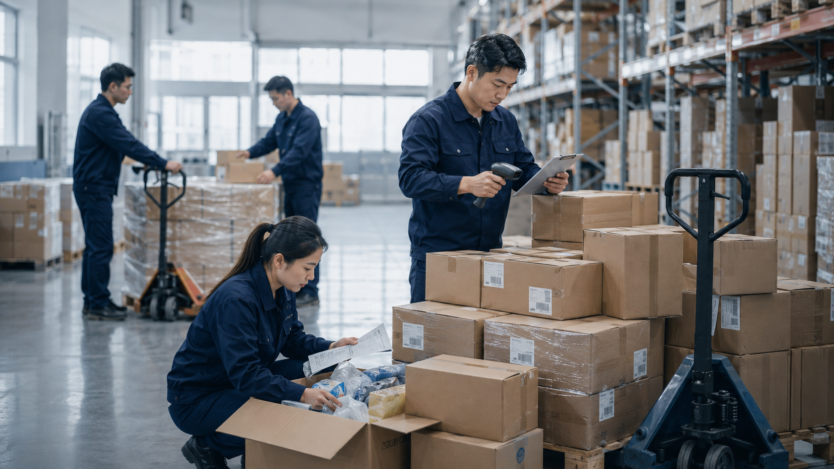 Warehouse logistics scene with packed cartons prepared for checking and shipment support